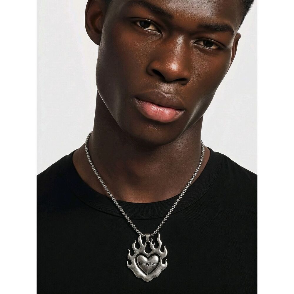 Men’s Burning Love Rotating Heart Pendant Necklace Stainless Steel 24" Jewelry